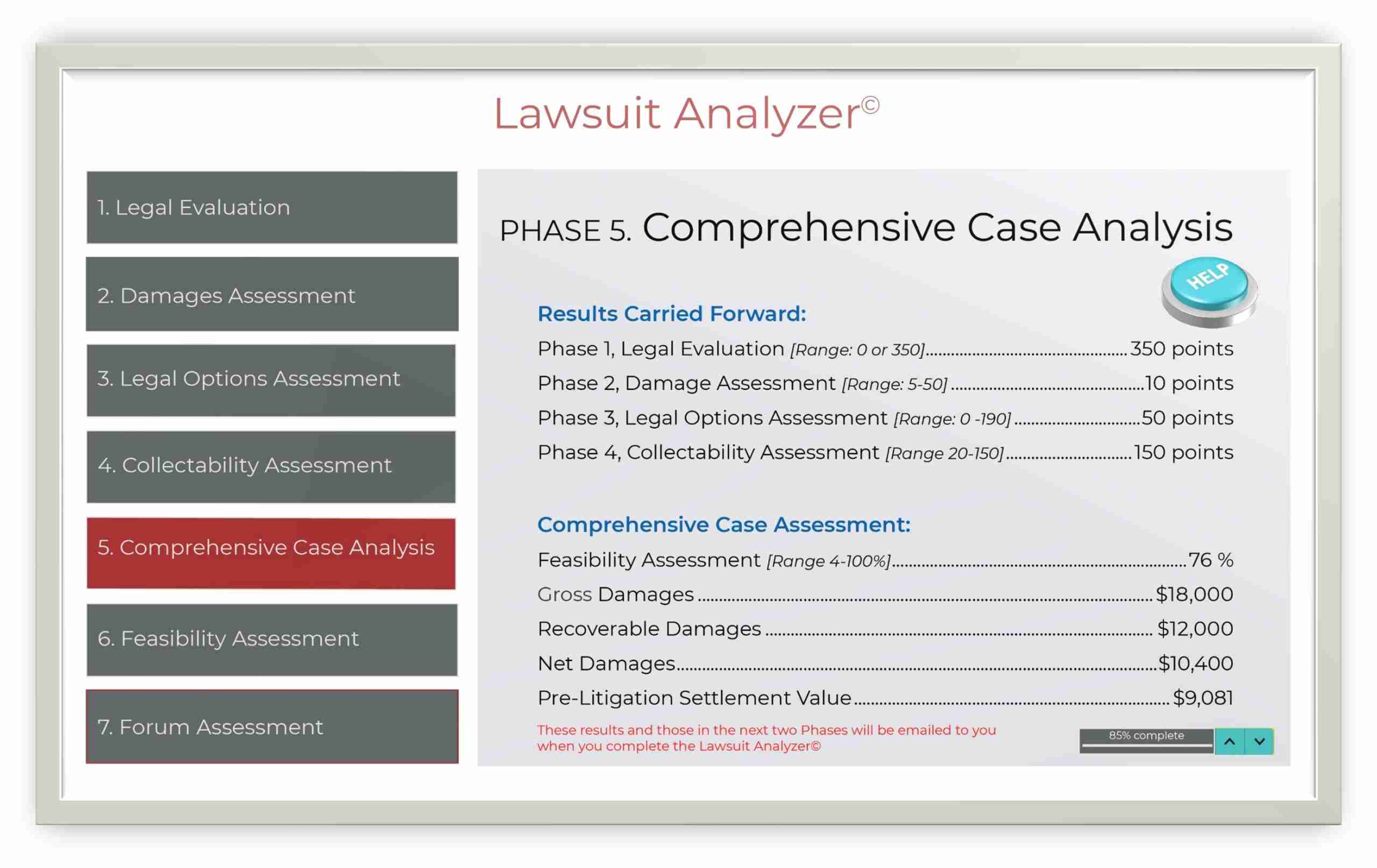 Image of Comprehensive Case Analysis results that give you a detailed assessment of you legal case Small Claims Court Results