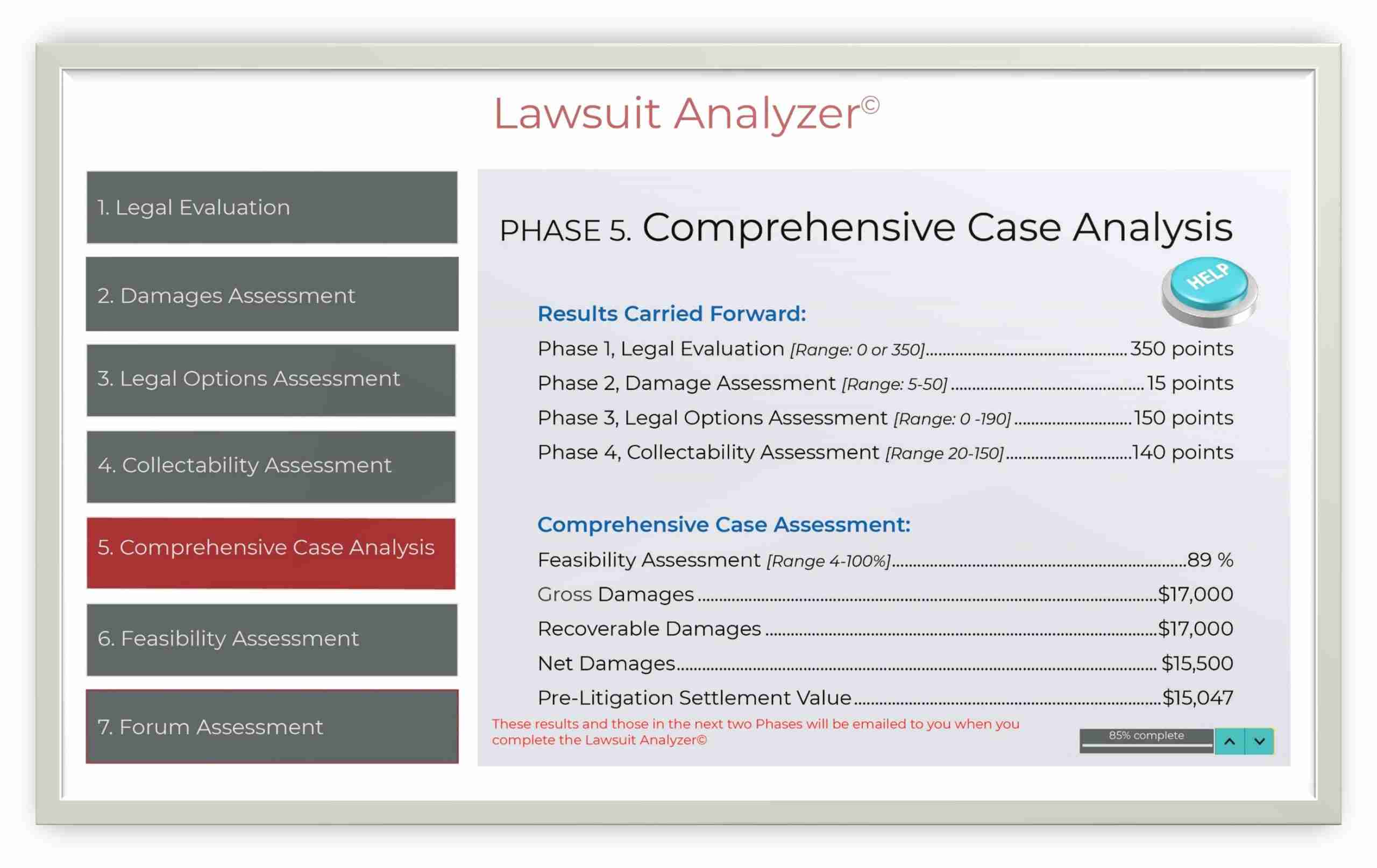 Image of Comprehensive Case Analysis results that give you a detailed assessment of your legal case