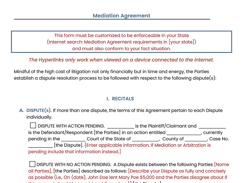 Mediation Agreement Form