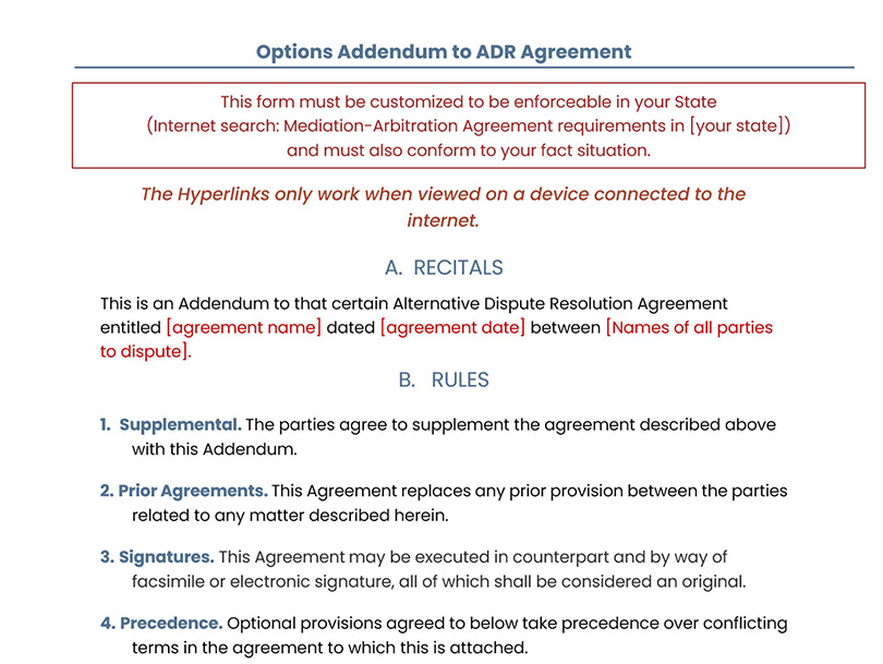 Options Addendum to ADR Agreement
