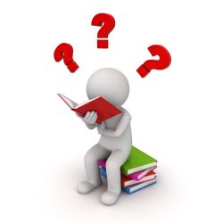 3d man sitting on a pile of books and reading with red question marks isolated over white background. 3D rendering.